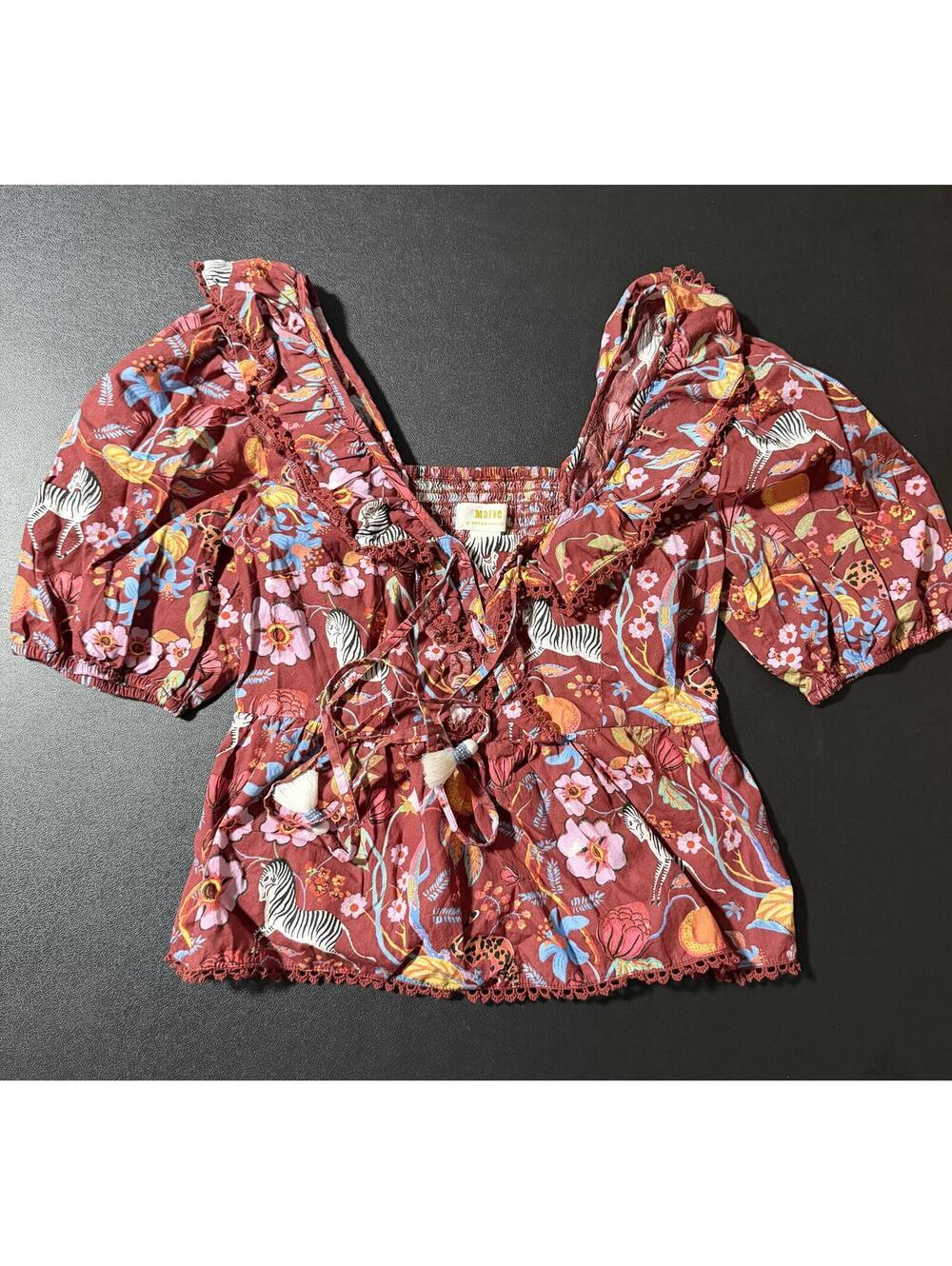 Maeve Anthropologie Zebra‎ Floral Peasant Blouse XS Boho Puff Sleeve Tassel Top